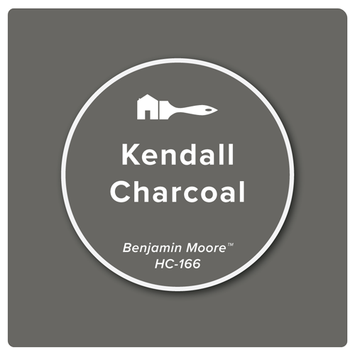 Kendall Charcoal paint color tile with a dark gray background and white circular label displaying the Benjamin Moore logo and color name.
